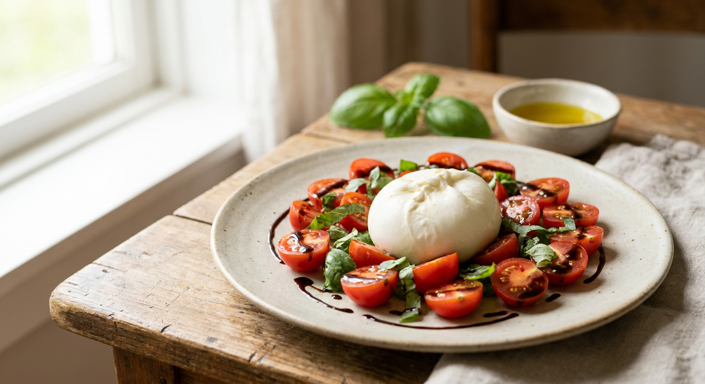 Salát Caprese s čerstvým sýrem burrata, cherry rajčátky a bazalkou