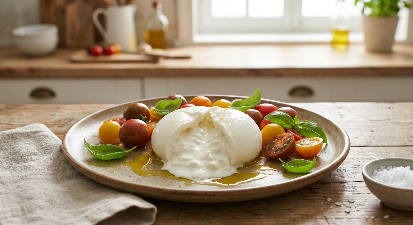 Čerstvý sýr burrata rozkrojený na talíři s tekoucím krémovým vnitřkem