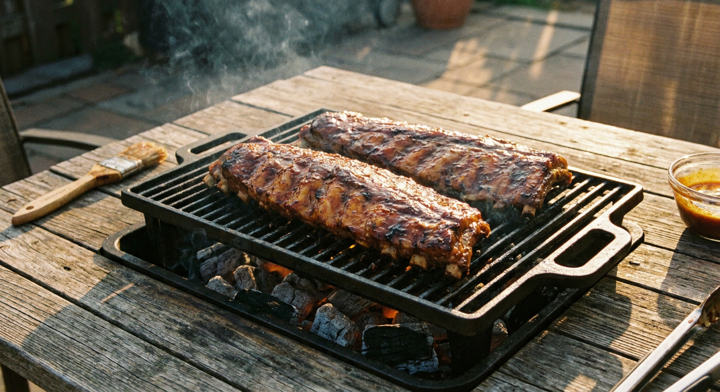 BBQ vepřová žebra glazovaná omáčkou na rozžhaveném grilu