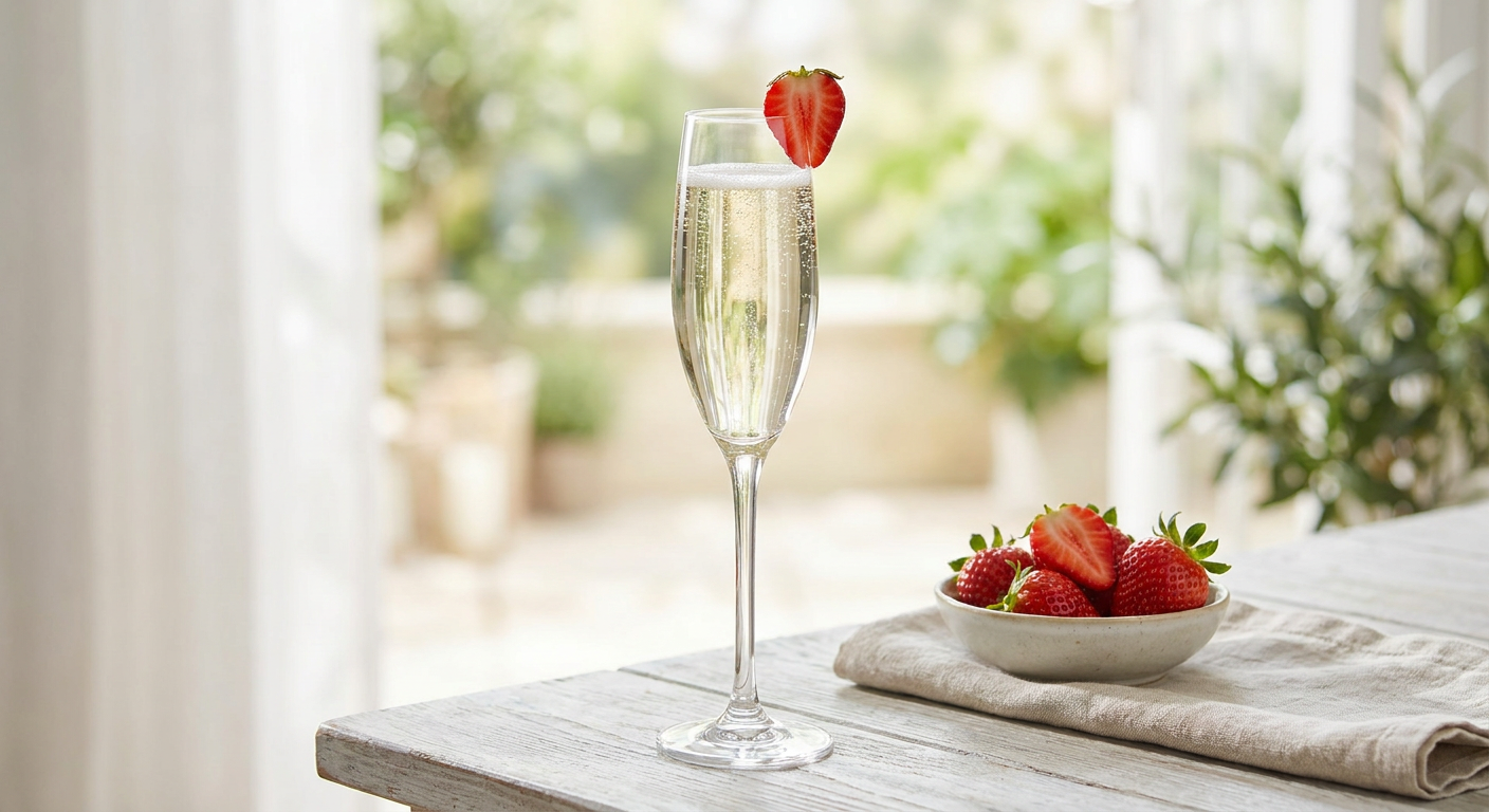 Sklenka elegantního nealkoholického prosecca s jahodou na letním stole