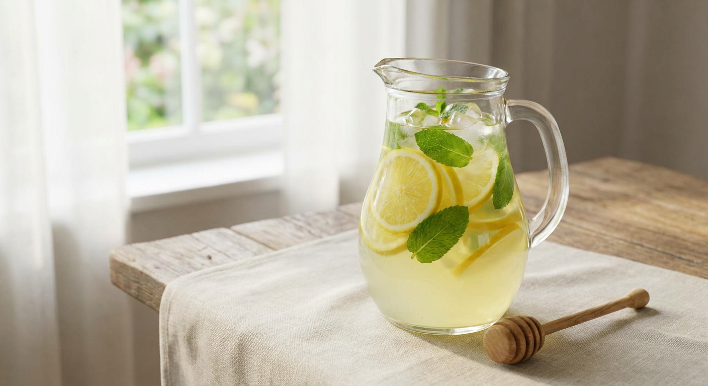 Domácí limonáda s citronem, mátou a ledem v džbánu