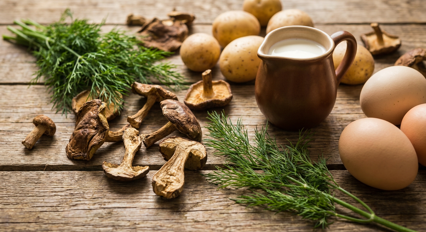Čerstvé lesní houby a ingredience na přípravu omáčky