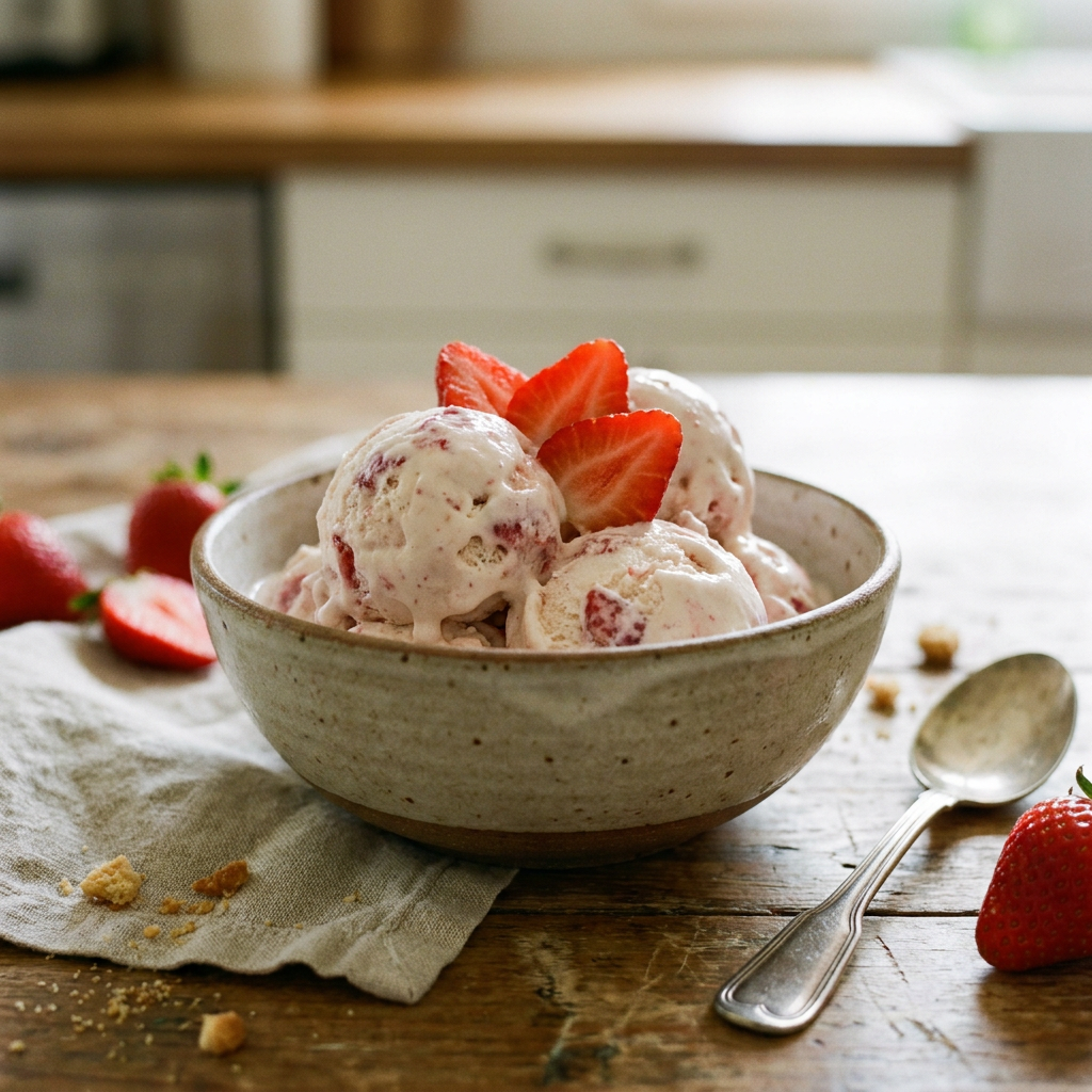 Homemade strawberry ice cream with fresh fruit