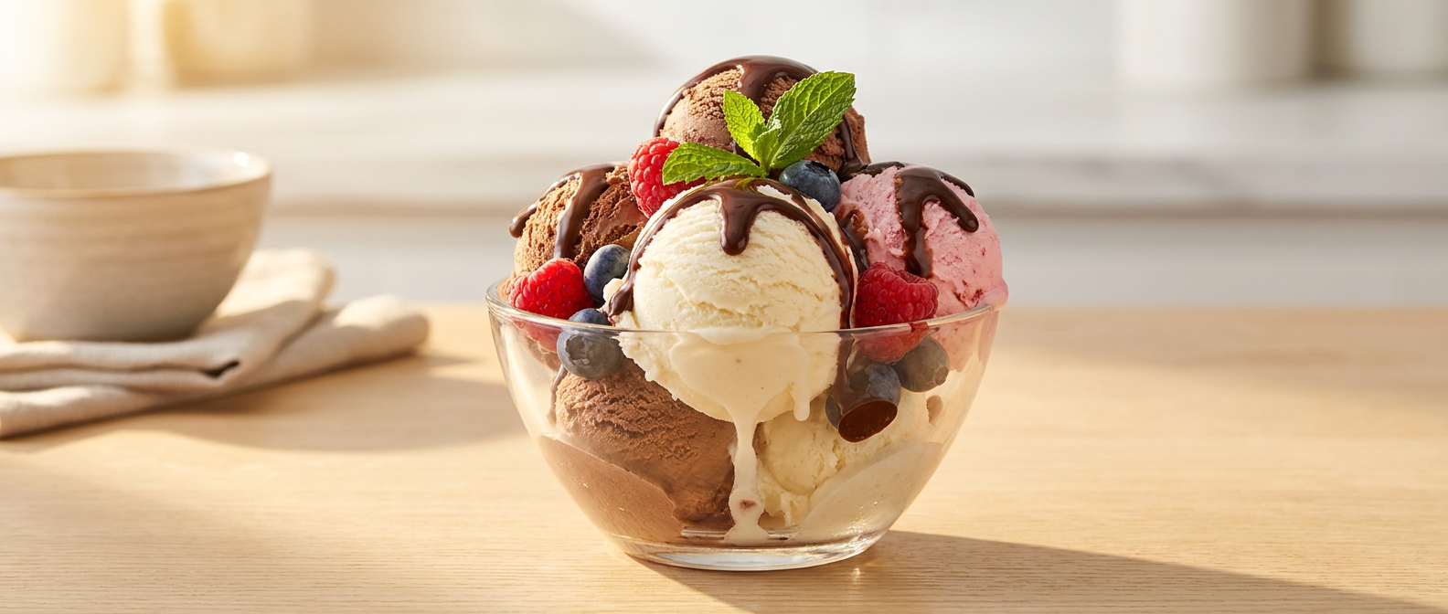 Delicious homemade ice cream with strawberries and chocolate