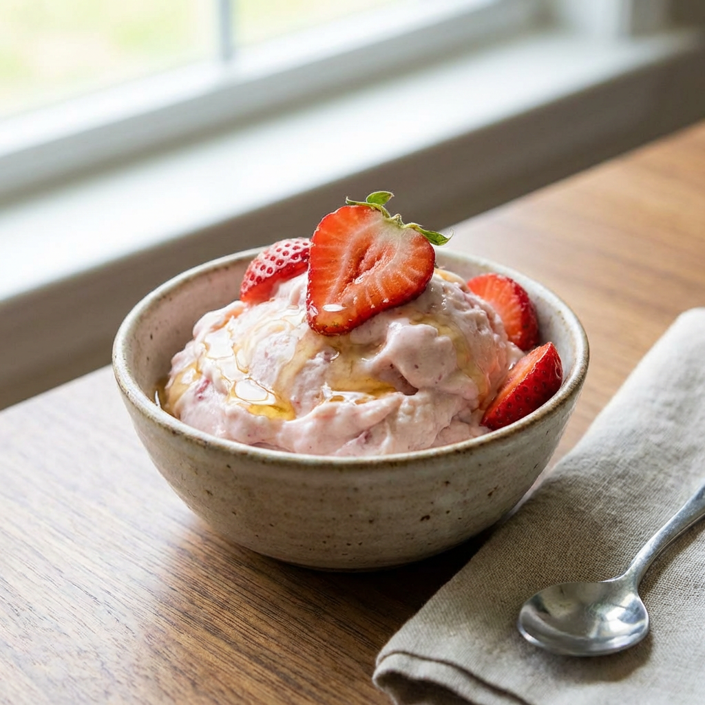Curd ice cream with strawberries
