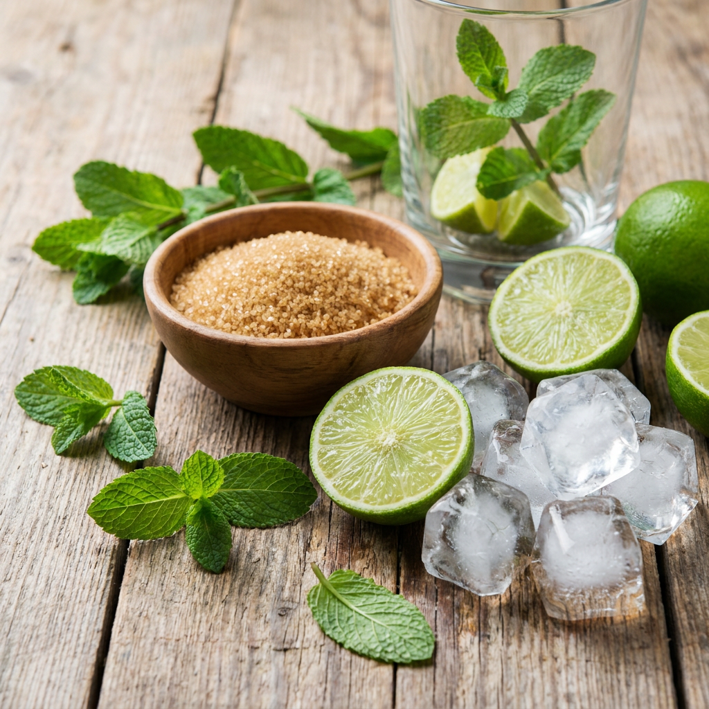 Čerstvé ingredience na mojito: máta, limetky, třtinový cukr a led