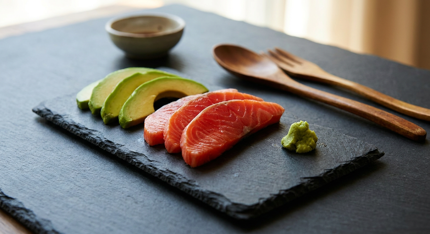 Čerstvé plátky lososa a avokáda na sushi