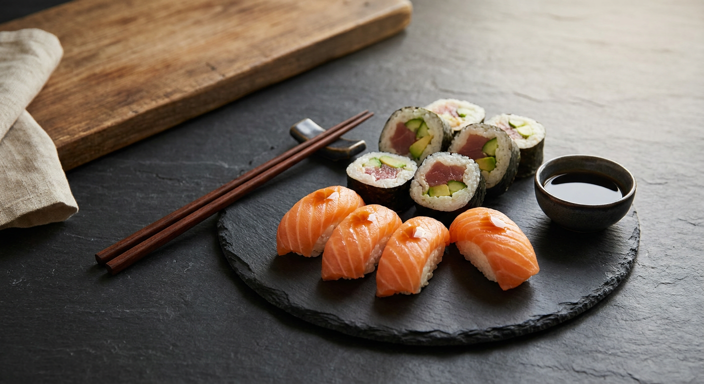 Čerstvé domácí sushi na břidlicovém podnosu