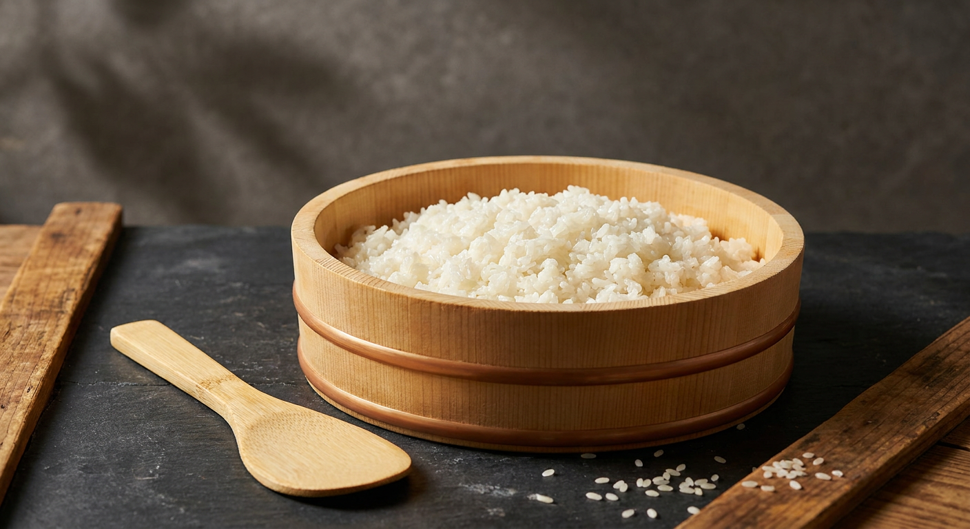 Tradiční rýže na sushi v dřevěné míse hangiri